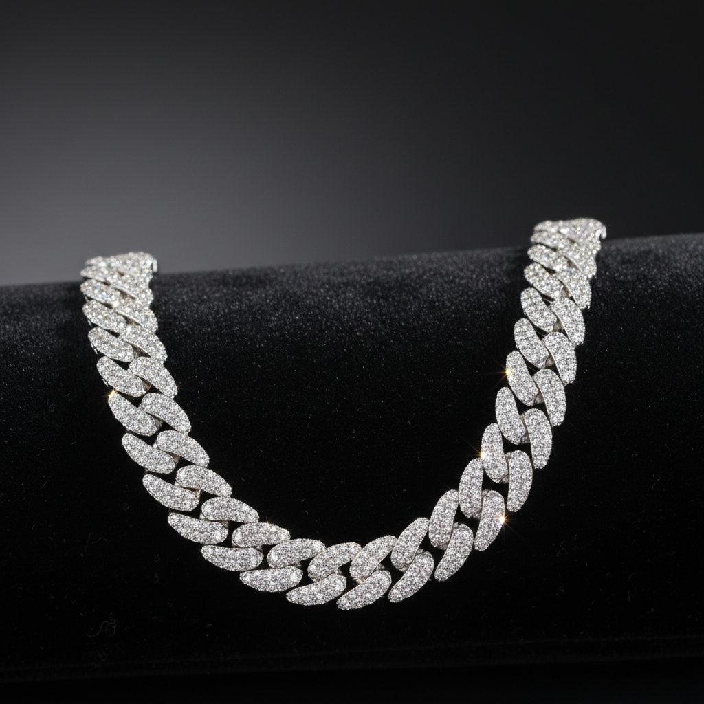 White moissanite cuban link chain on black velvet