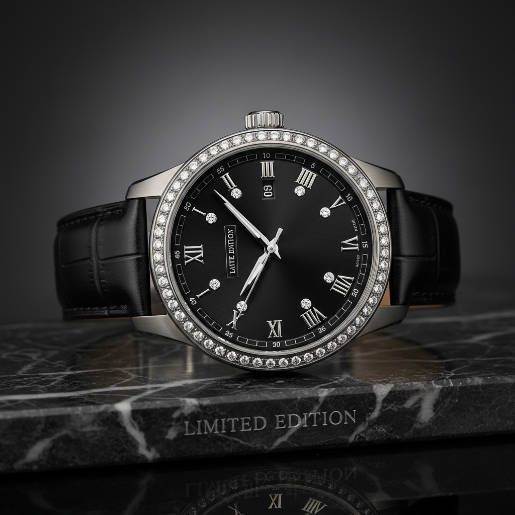 Limited edition moissanite watch with Roman numerals on dark marble